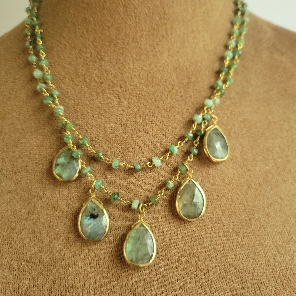 Rachel Reinhardt Green Gemstone Beaded Teardrop Necklace 18
